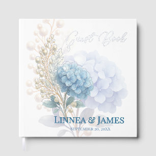 Romantic Pearl Hydrangea Blue Waterercolor Wedding Guest Book