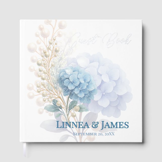 Romantic Pearl Hydrangea Blue Waterercolor Wedding Guest Book (Front)