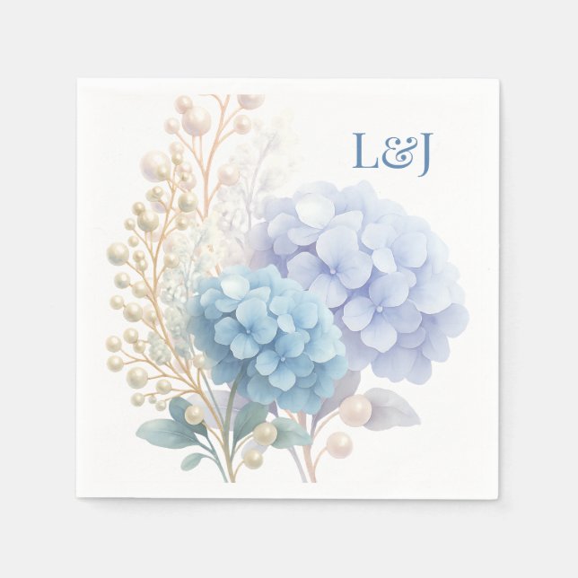 Romantic Pearl Hydrangea Blue Waterercolor Wedding Napkin (Front)