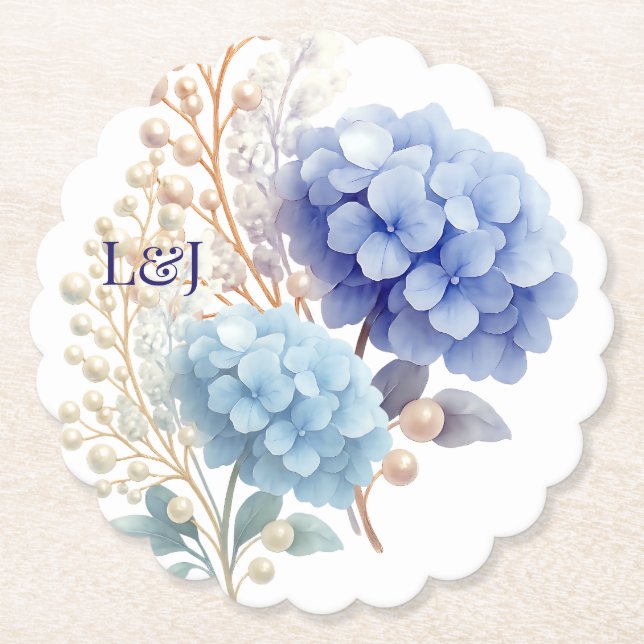 Romantic Pearl Hydrangea Blue Waterercolor Wedding Paper Coaster (Front)