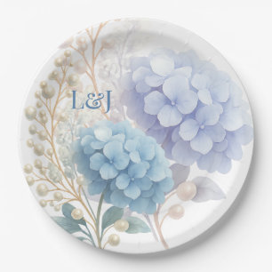 Romantic Pearl Hydrangea Blue Waterercolor Wedding Paper Plate