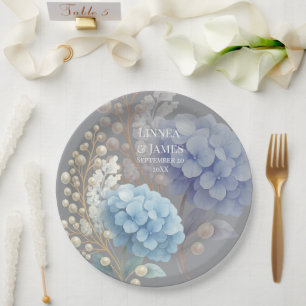 Romantic Pearl Hydrangea Blue Waterercolor Wedding Paper Plate