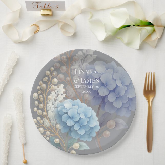 Romantic Pearl Hydrangea Blue Waterercolor Wedding Paper Plate (Wedding)