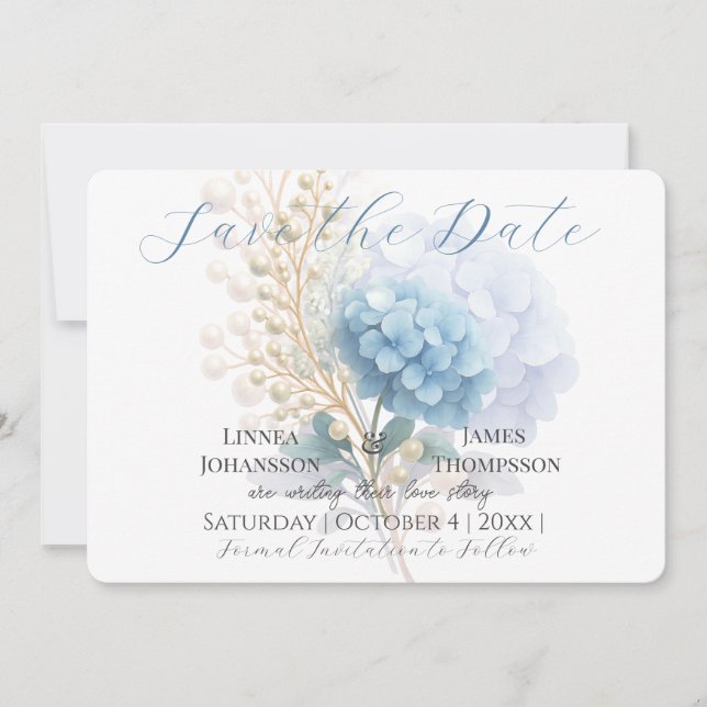 Romantic Pearl Hydrangea Blue Waterercolor Wedding Save The Date (Front)