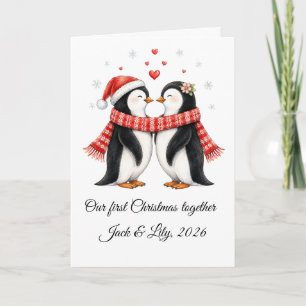 Romantic Penguins Couple Personalised Christmas Card