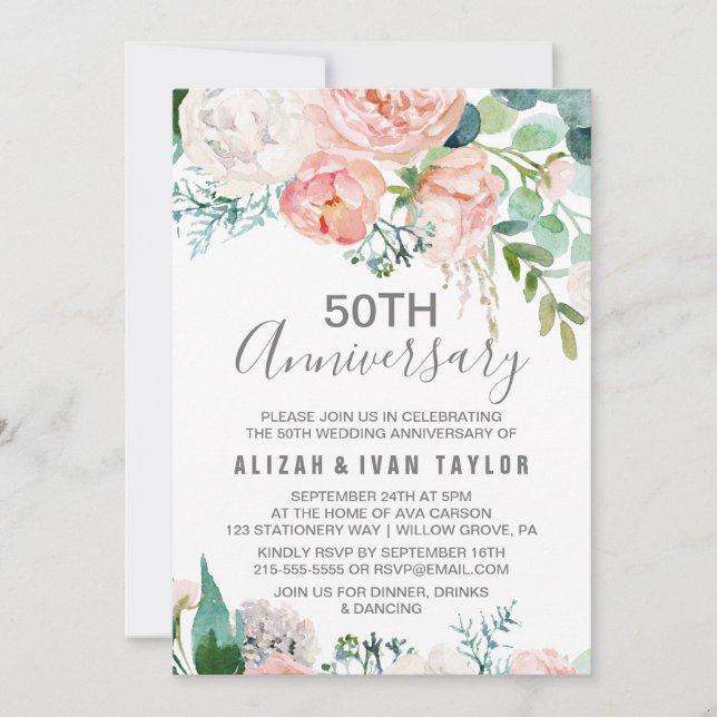 Romantic Peonies 50th Wedding Anniversary Invitation (Front)