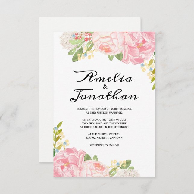 Romantic Peonies and Hydrangea Wedding Invitations (Front/Back)