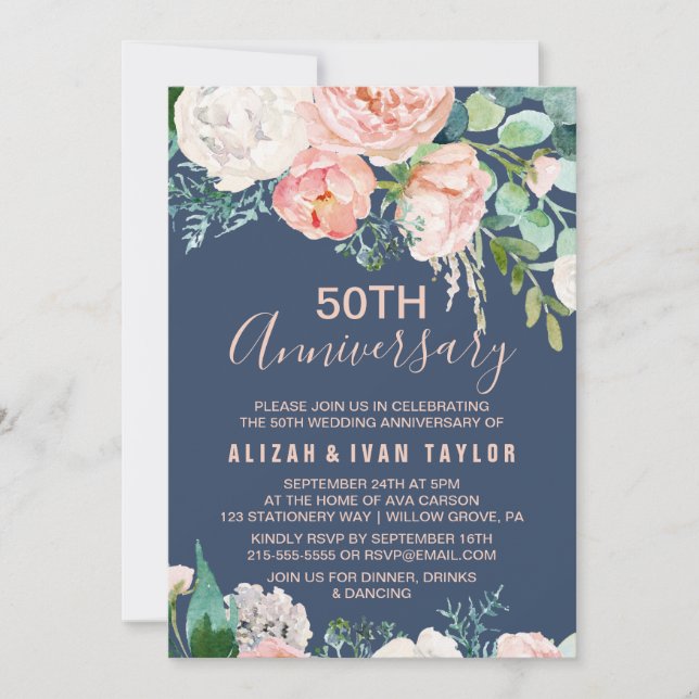 Romantic Peonies | Blue 50th Wedding Anniversary Invitation (Front)