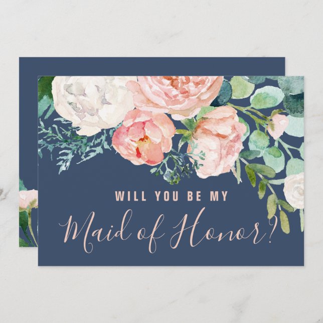 Romantic Peonies | Blue Maid Of Honour Proposal Invitation (Front/Back)