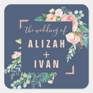 Romantic Peonies Blue Wedding Envelope Seals