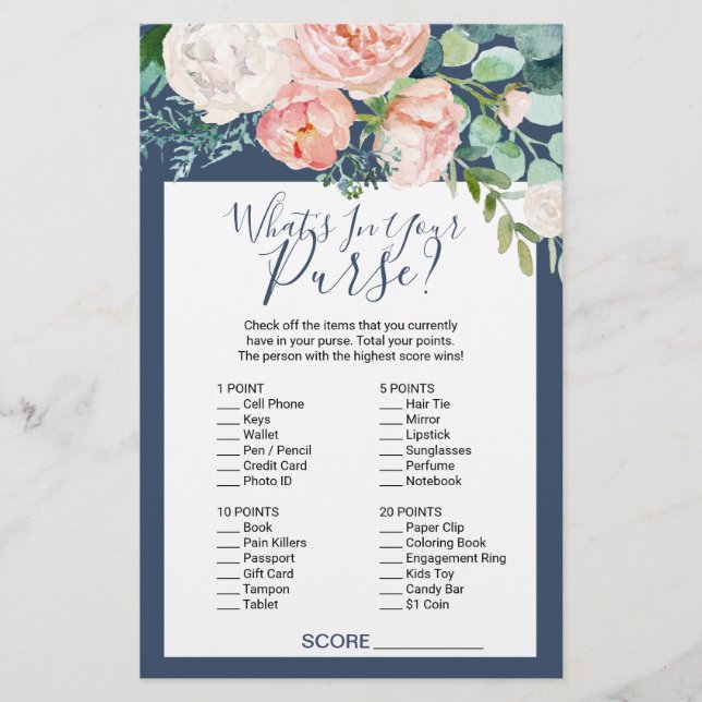 Romantic Peonies | Blue What's In Your Purse Game Flyer (Front)