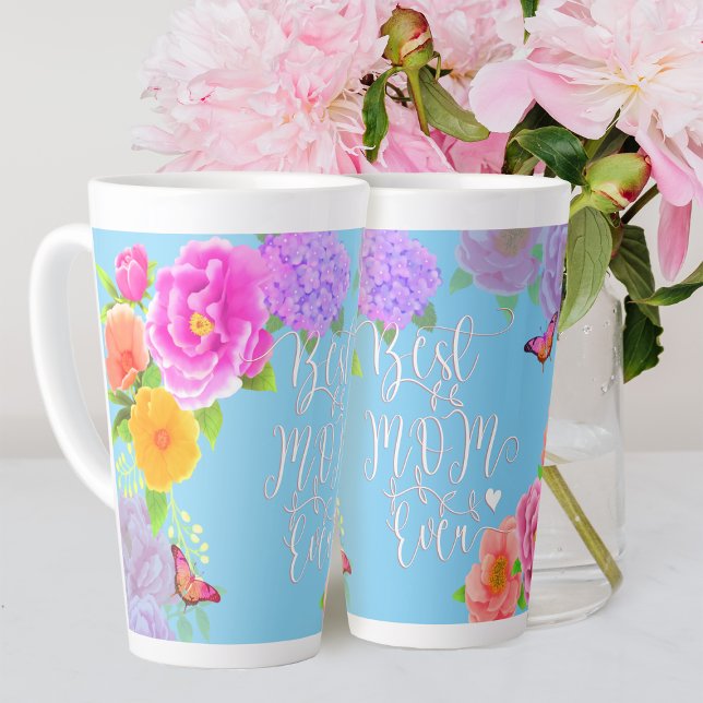 Romantic Peonies Garden Blue Best Mum Latte Mug (Romantic Peonies Best Mom Ever Latte Mug Blue.)