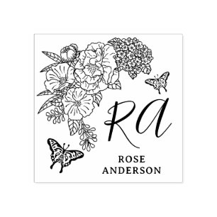 Romantic Peonies Personal Name Rubber Stamp