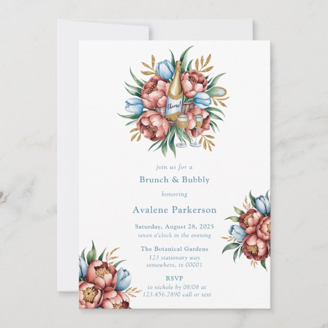 Romantic Peonies & Tulips Brunch & Bubbly Invitation (Front)