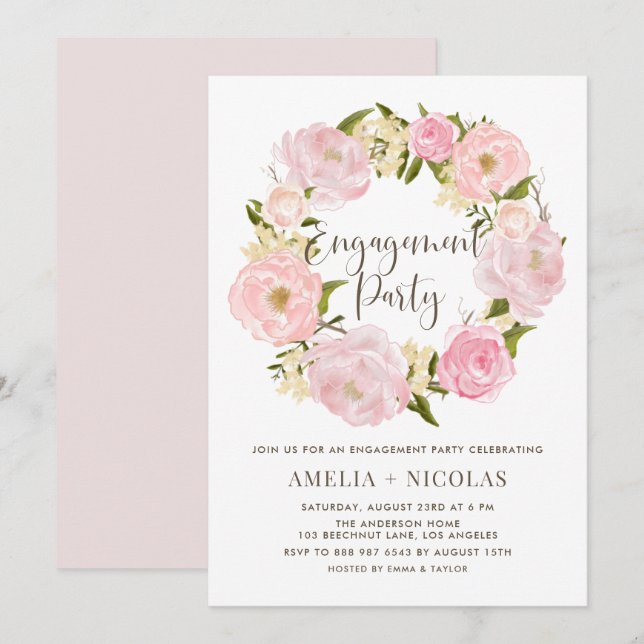 Romantic Peonies Wreath Engagement Invitation (Front/Back)
