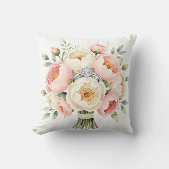 Romantic Peony Bouquet with Diamond Ring Cushion (Front)