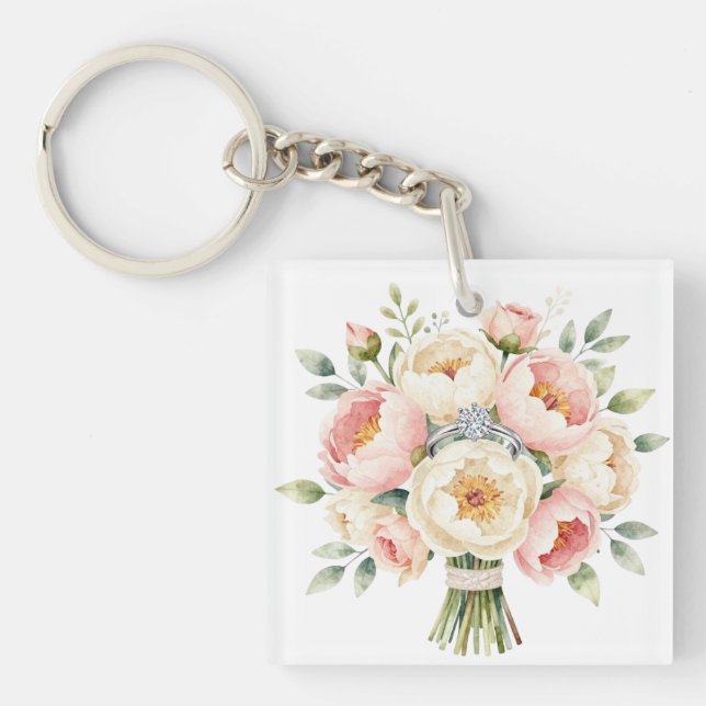 Romantic Peony Bouquet with Diamond Ring Key Ring (Front)