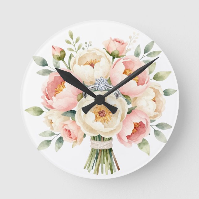 Romantic Peony Bouquet with Diamond Ring Round Clock (Front)