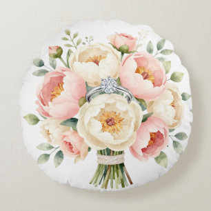 Romantic Peony Bouquet with Diamond Ring Round Cushion