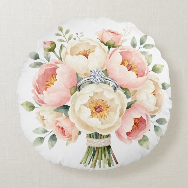 Romantic Peony Bouquet with Diamond Ring Round Cushion (Front)