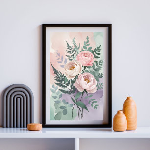 Romantic Peony & Fern Watercolor Wall Art 