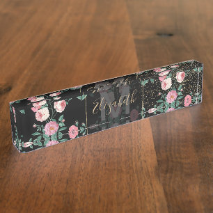Romantic peony floral and golden confetti design nameplate