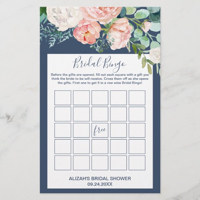 Romantic Peony Flowers | Blue Bridal Bingo Game Flyer (Front)
