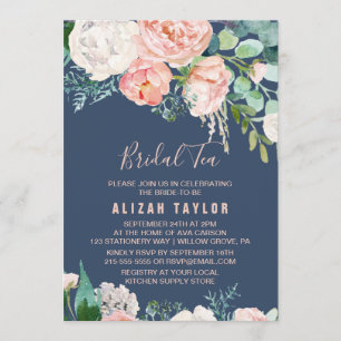 Romantic Peony Flowers Blue Bridal Tea Invitation