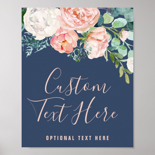 Romantic Peony Flowers | Blue Custom Text Sign (Front)