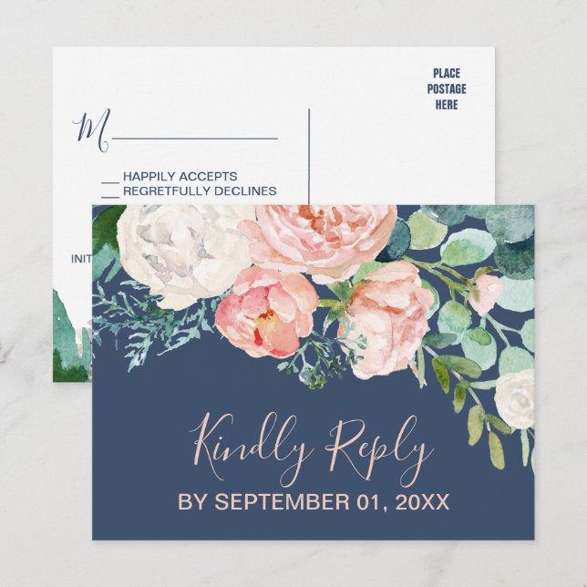 Romantic Peony Flowers | Blue Menu Choice RSVP (Front/Back)