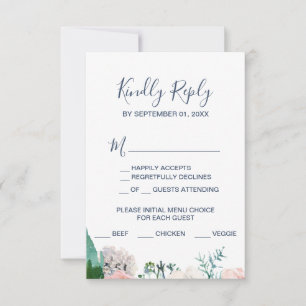 Romantic Peony Flowers Blue Menu Choice RSVP Card