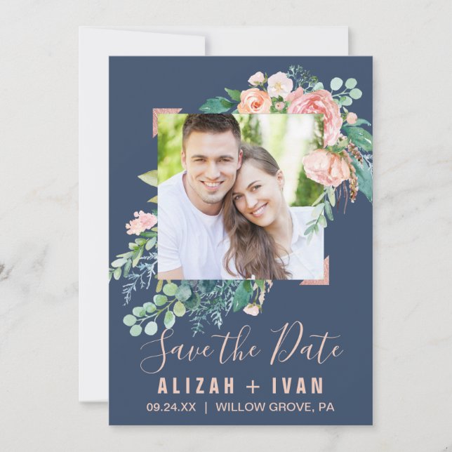 Romantic Peony Flowers | Blue Photo Save the Date (Front)