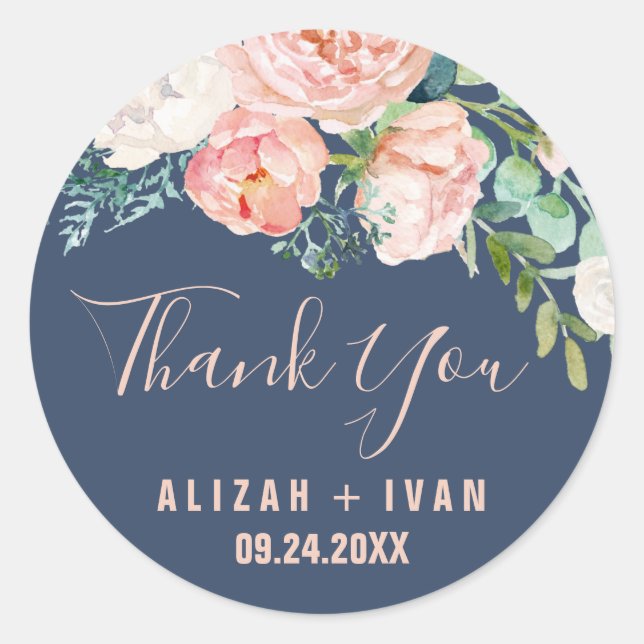 Romantic Peony Flowers | Blue Thank You Favour Classic Round Sticker (Front)