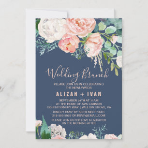 Romantic Peony Flowers Blue Wedding Brunch Invitation