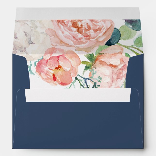 Romantic Peony Flowers | Blue Wedding Invitation Envelopes (Back (Bottom))