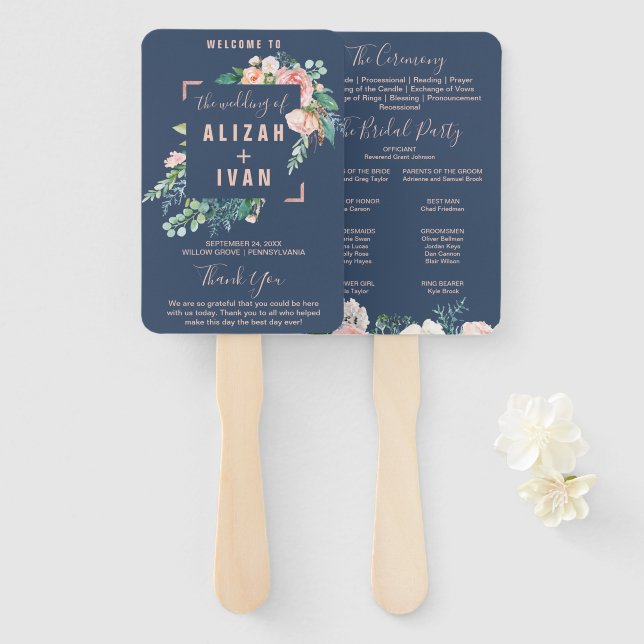 Romantic Peony Flowers | Blue Wedding Program Hand Fan (Front and Back)