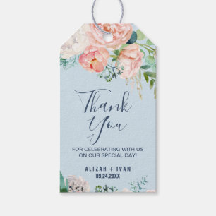 Romantic Peony Flowers Light Blue Thank You Favour Gift Tags