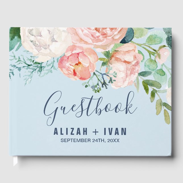 Romantic Peony Flowers | Light Blue Wedding Guest Book (Front)