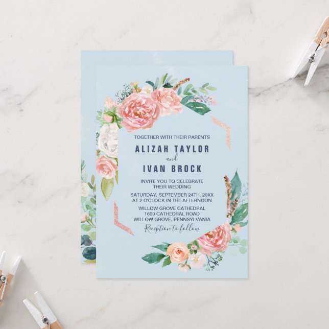 Romantic Peony Flowers | Light Blue Wedding Invita Invitation (Front/Back In Situ)