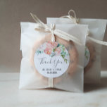 Romantic Peony Flowers Thank You Wedding Favour Classic Round Sticker<br><div class="desc">These romantic peony flowers thank you wedding favour stickers are perfect for an elegant wedding. The floral design features blush pink, peach and white cascading watercolor flowers. Personalise the sticker labels with your names, the event (if applicable), and the date. These stickers can be used for a wedding reception, bridal...</div>