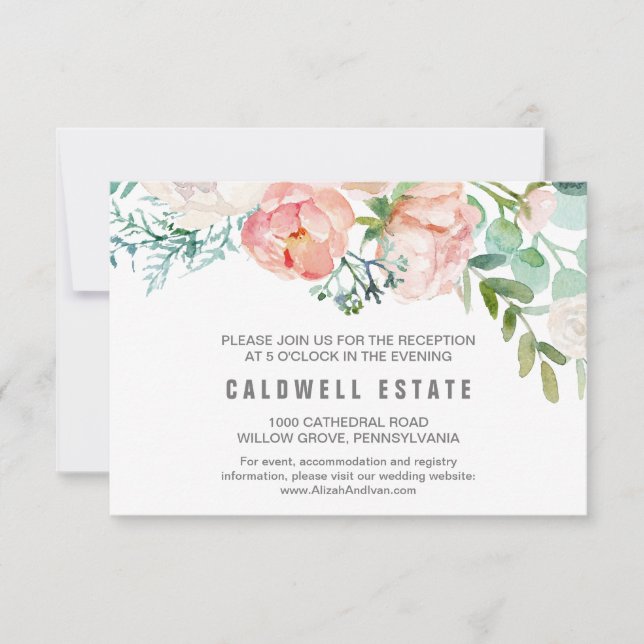 Romantic Peony Flowers Wedding Reception Card (Front)