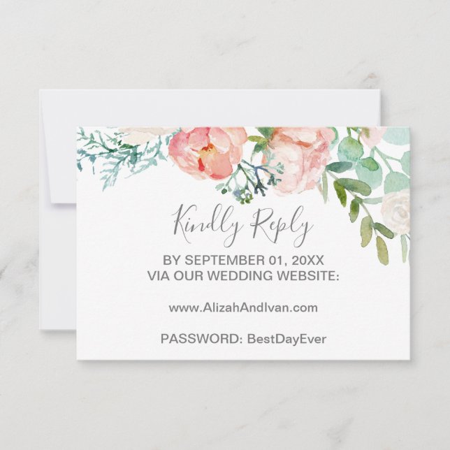 Romantic Peony Flowers Wedding Website RSVP Card (Front)
