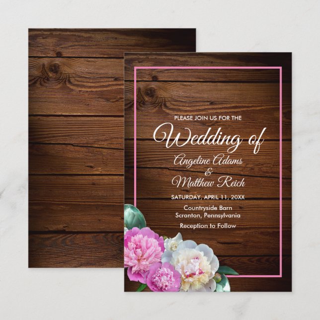 Romantic Peony Flowers Wooden Formal Wedding Invitation (Front/Back)