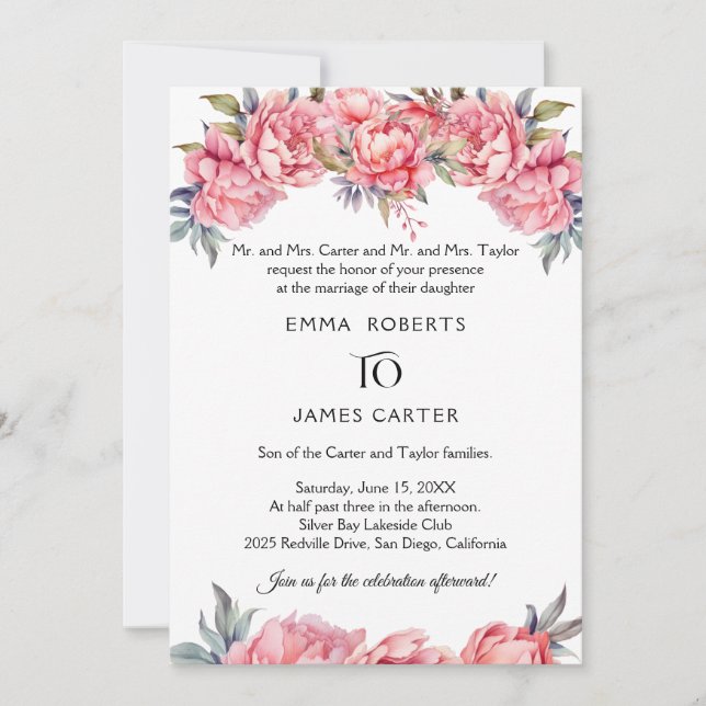 Romantic Peony Wedding Invitation (Front)
