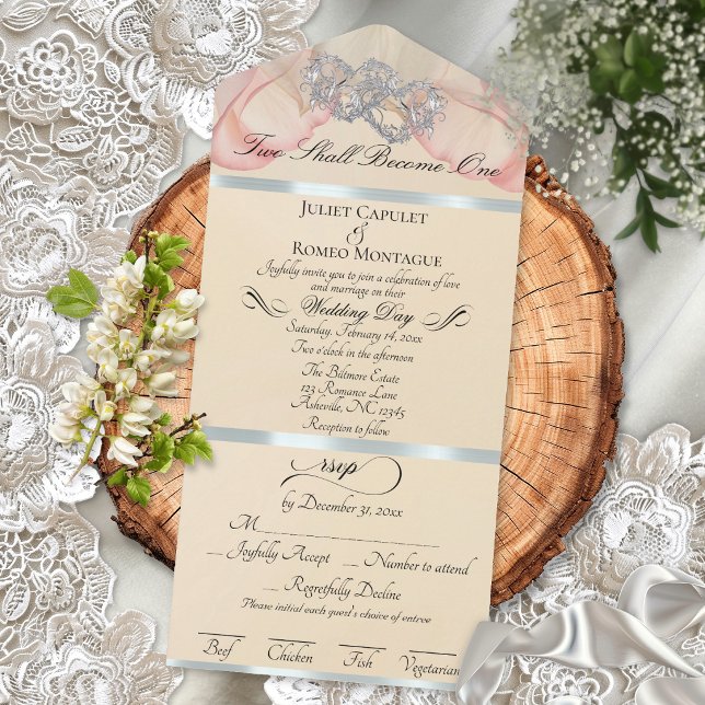 Romantic Petals & Hearts - Peach/Silver All In One Invitation (Creator Uploaded)