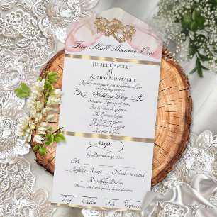 Romantic Petals & Hearts - White Pearl/Gold All In One Invitation