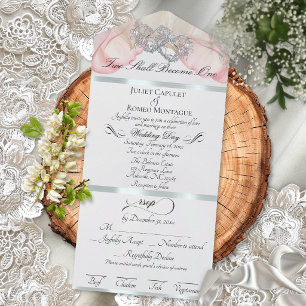Romantic Petals & Hearts - White Pearl/Silver All In One Invitation