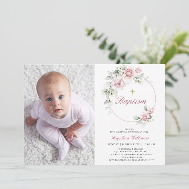 Romantic Photo Baptism Girl floral Gold Invitation (Standing Front)