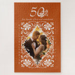Romantic Photo Burnt Orange 50 Anniversary Puzzle<br><div class="desc">The charming puzzle design showcases a beautiful watercolor illustration of a white floral frame on a warm, earthy orange background. Personalise it to your liking by tweaking the text, uploading a photo, and choosing from anniversary numbers like 10, 20, 30, 40, 50, 60, 70, 80, or 90. It's a special...</div>