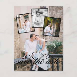 Romantic Photo Collage Wedding Black Script Announcement Postcard